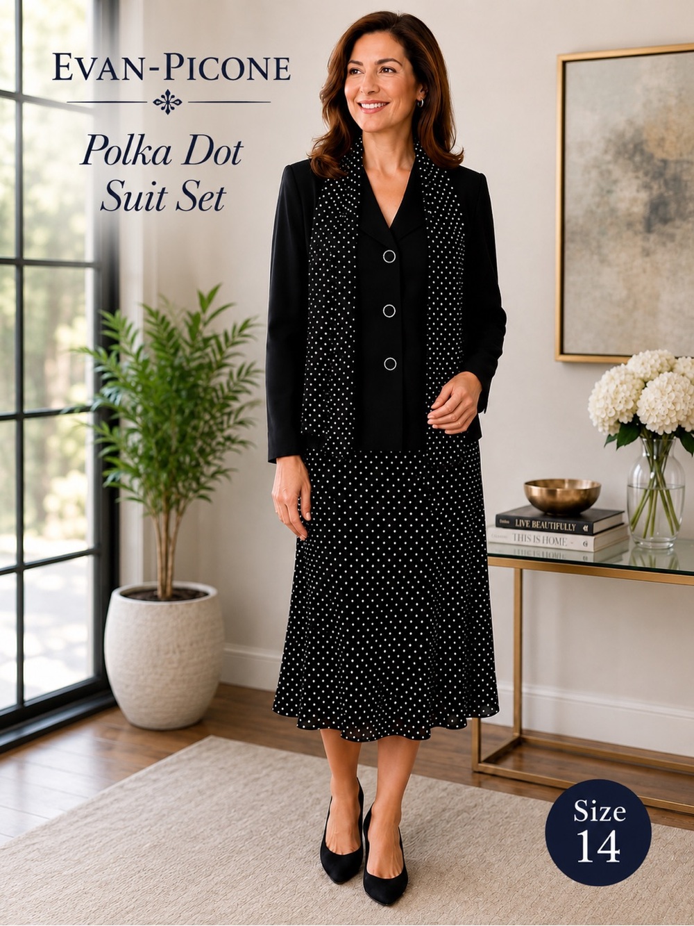 Evan-Picone Polka Dot 2-Piece Suit Set | Women’s Size 14 | Black & White